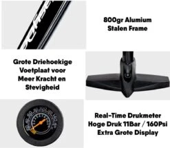 Matzwarte Fietspomp Met Drukmeter én Extra Ventielen - Multifunctioneel Mondstuk – Schrader En Presta – Aluminium Lichtgewicht Vloerpomp – Ballenpomp/ Scooterpomp/ Autobandenpomp -Fietsaccessoires Winkel 1200x1046