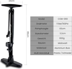 Matzwarte Fietspomp Met Drukmeter én Extra Ventielen - Multifunctioneel Mondstuk – Schrader En Presta – Aluminium Lichtgewicht Vloerpomp – Ballenpomp/ Scooterpomp/ Autobandenpomp -Fietsaccessoires Winkel 1200x1147