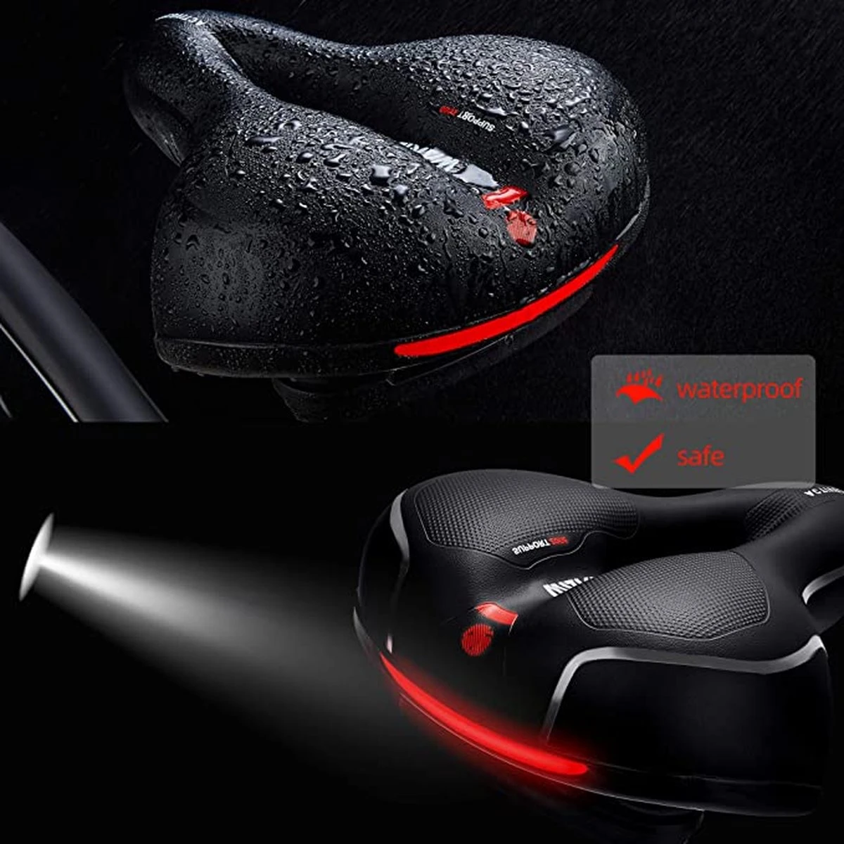 IBright Gel Fietszadel Met LED Oplaadbare Achterlicht - USB Oplaadbaar - Fietsverlichting Met 6 Functie's - Dames / Heren - Waterdicht - Gratis Zadelstrop - USB Oplaadkabel - Zwart 8 IBright Gel Fietszadel Met LED Oplaadbare Achterlicht - USB Oplaadbaar - Fietsverlichting Met 6 Functie's - Dames / Heren - Waterdicht - Gratis Zadelstrop - USB Oplaadkabel - Zwart - Afbeelding 6