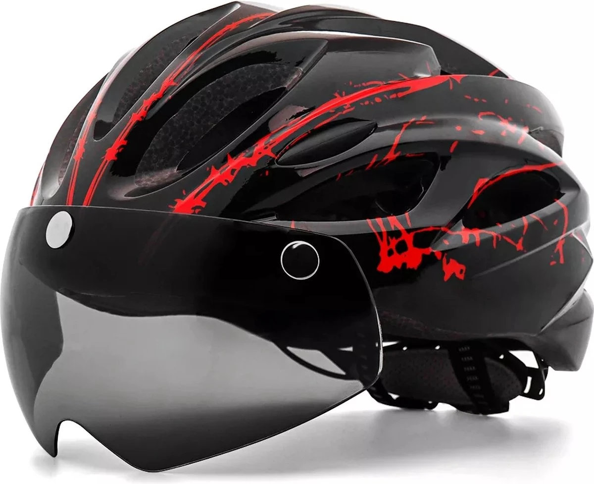 Zacro Fietshelm - Met Bril En Waarschuwingslampje - Nacht Veiligheidshelmen Fietshelm - Verstelbaar - Voor Volwassenen, MTB, Stadsfietsen - Rood En Zwart 3 Zacro Fietshelm - Met Bril En Waarschuwingslampje - Nacht Veiligheidshelmen Fietshelm - Verstelbaar - Voor Volwassenen, MTB, Stadsfietsen - Rood En Zwart