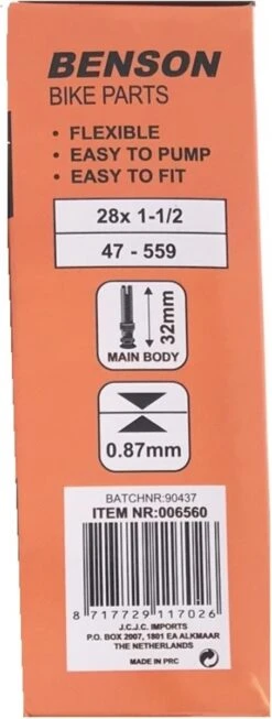 Benson Binnenband Rubber 28 X 1 1/2 - 40 - 635 - Dunlop Ventiel 32 Mm -Fietsaccessoires Winkel 454x1200